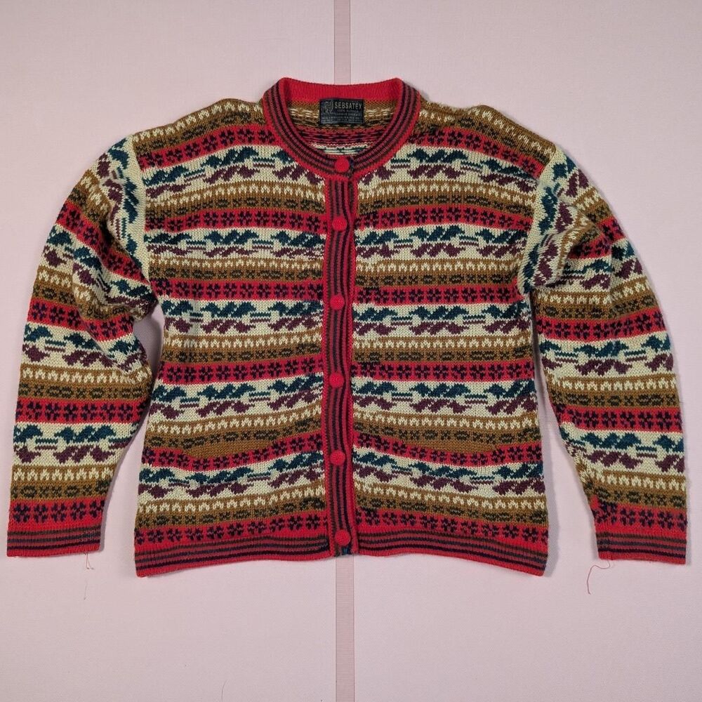 Womens Small Alpaca Knitted Sweater Peru Red Cardigan Traditional Peruvian VTG